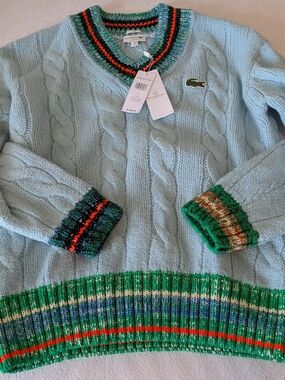 Lacoste Light Blue Cable Knit V-Neck Sweater with Green and Orange Trim